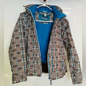 Decathlon Wed'ze Brown/Teal Plaid Ski Jacket Hooded Womens Size US XXS